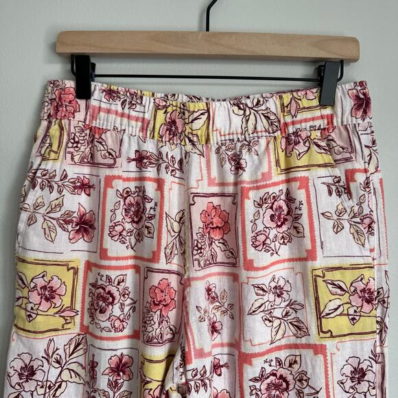 Women's Pants Linen Wide Leg Pink Floral Flowy Pull-on Elastic Waist Eurogirl - Picture 2 of 12